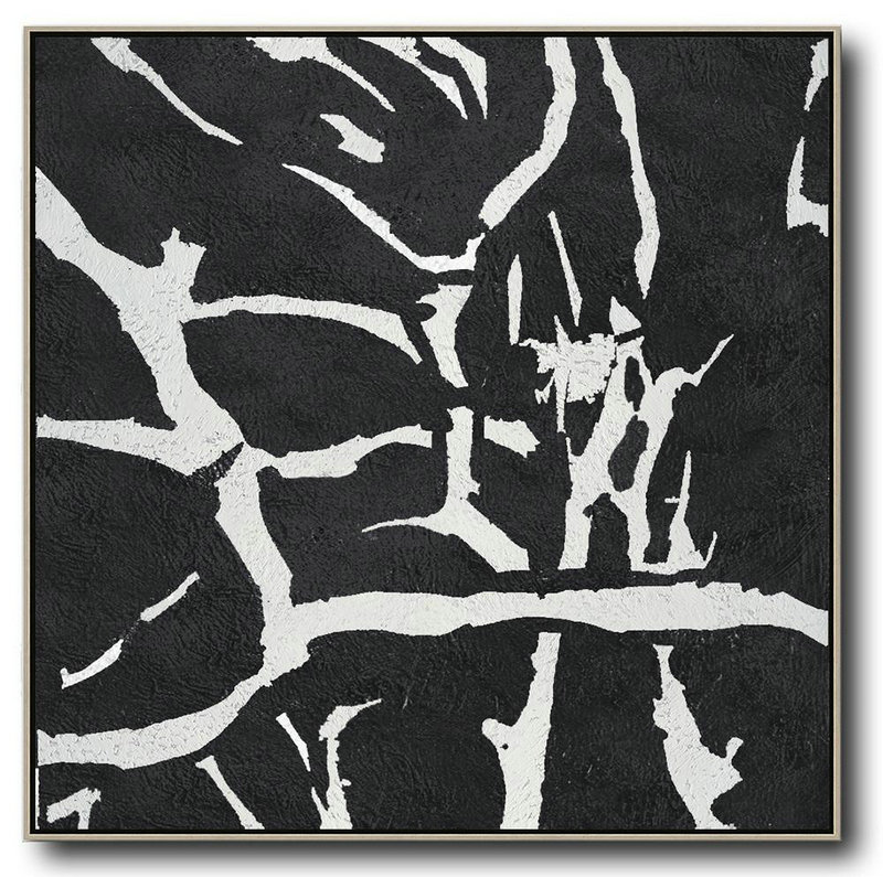 Acrylic Painting Wall Art,Oversized Minimal Black And White Painting - Hand-Painted Canvas Art